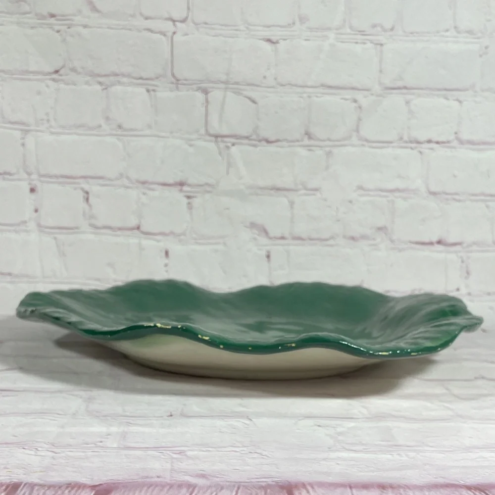 Vintage Italian Green Leaf-Shaped Ceramic Serving Platter